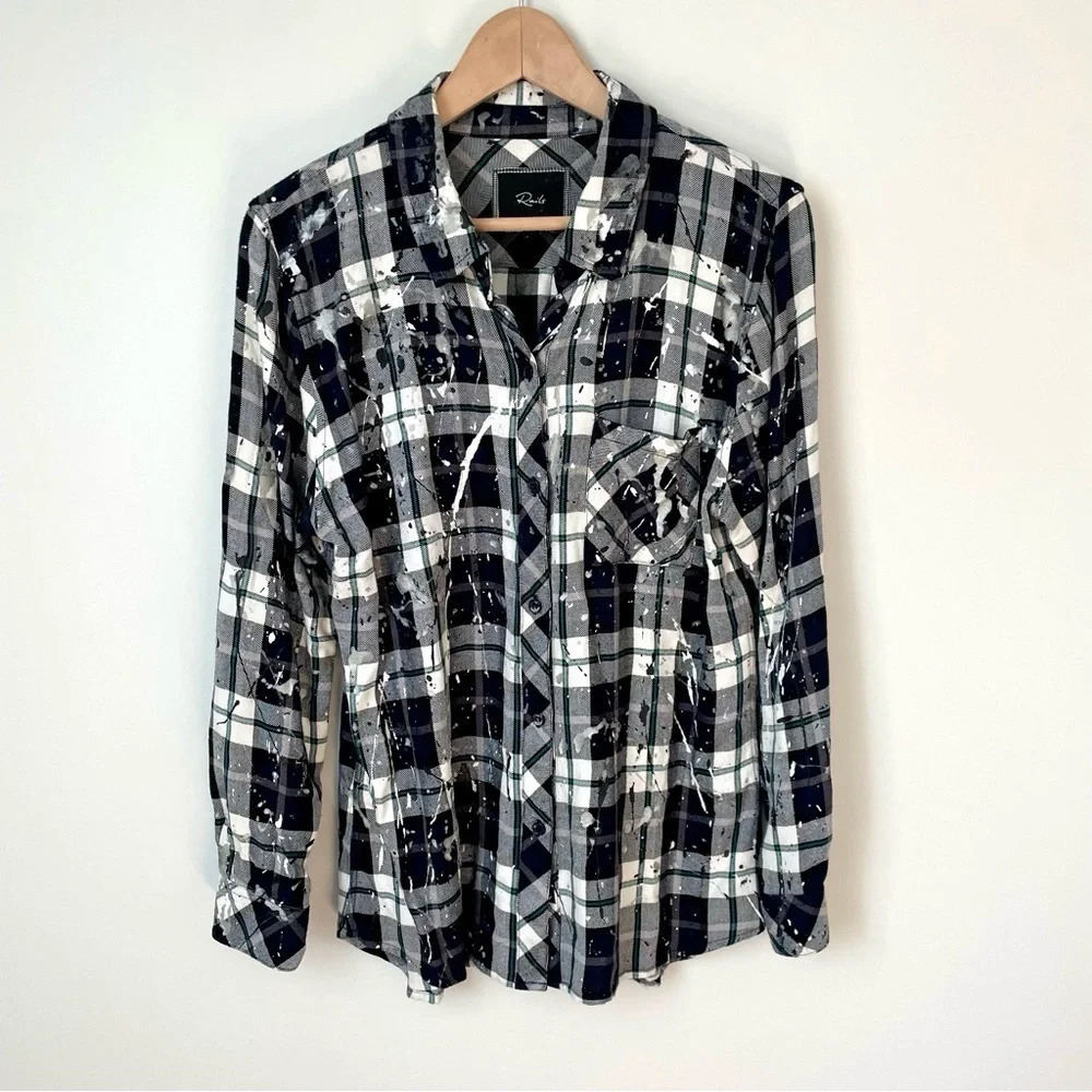 Rails Hunter Plaid Button Up Shirt in White and Black Plaid Paint  Splatter